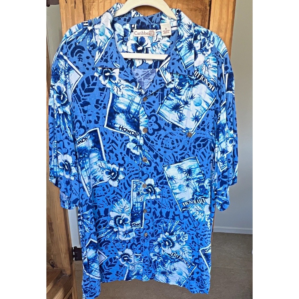Caribbean Men's XL Blue/White Hawaiian Tropical Floral SS Rayon Button-Up Shirt